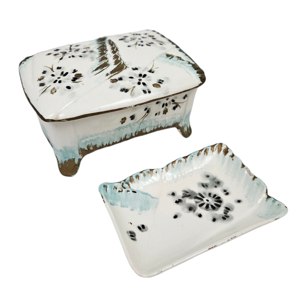 MCM Vanity Set Trinket Box w/ Pin Dish Porcelain Keepsake Storage Vintage Japan